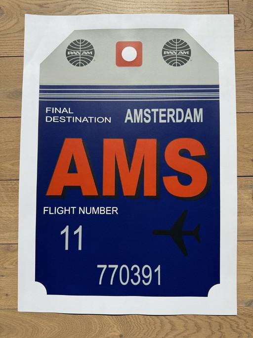 Poster di design grafico Etichetta bagaglio Panam Eames Era Amsterdam – wanddecoratie, Paper