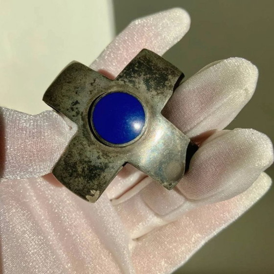 Image 1 of Antique Georg Jensen Era 1910-1925 Solid 925 Silver Maltese Cross Double Sided Lapis Lazuli & Onyx Hallmark GI