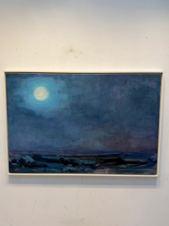 Vintage zeegezichtschilderij van Klein – Maanverlichte oceaan – jaren 1980 – Ingelijst (photo 2 of 5)
