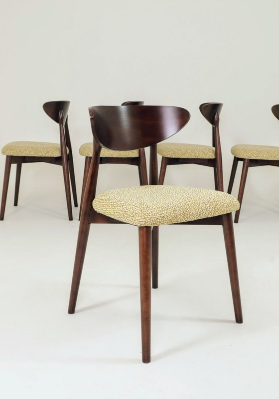 Image 1 of Set van 6 eetkamerstoelen, licht beukenhout, stof met groen patroon, modern ontwerp
