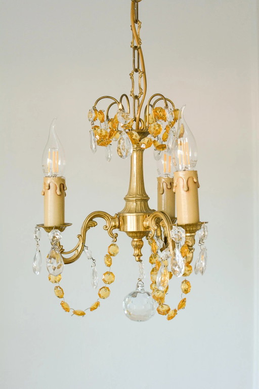 Small French Brass Chandelier, Amber Crystal, 3-Light, 1960s