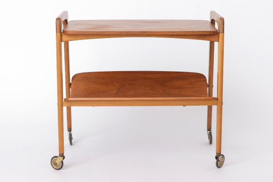 Image 1 of Vintage Bar Cart on Wheels, Mid Century Modern Trolley Table, 1960s German Tea Cart, Teak & Beech Wood