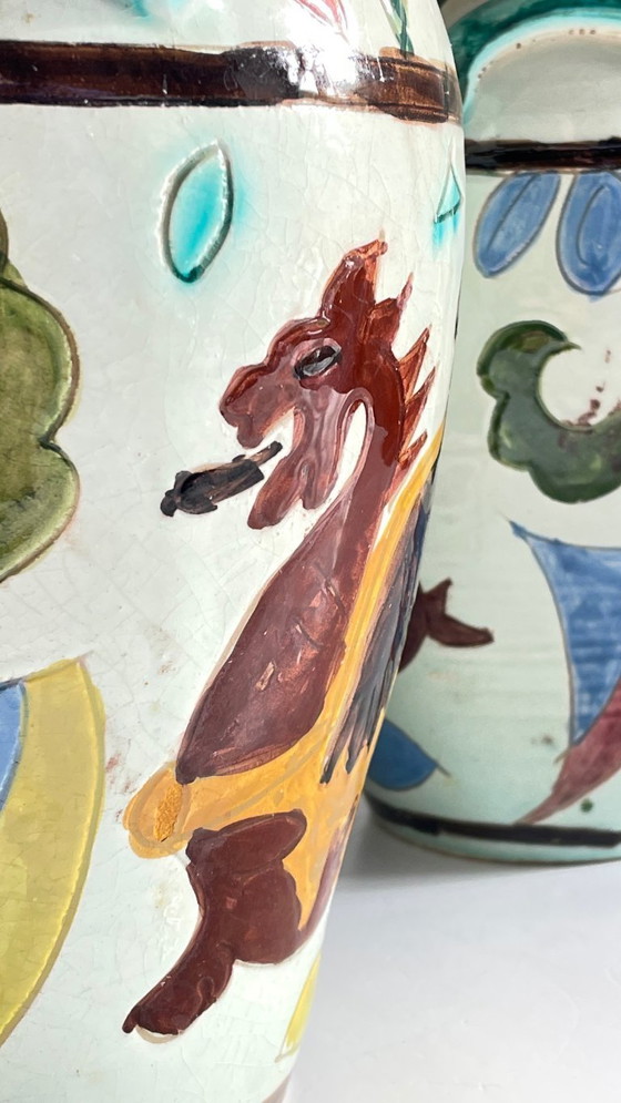 Image 1 of Italian Majolica Vases with Dragon Motif