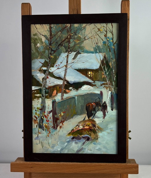 Original Oil Painting Snow Village Landscape Home on a winter evening
