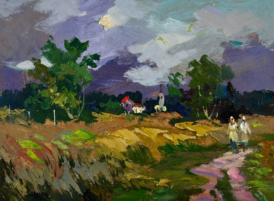 Image 1 of Original Oil Painting Summer Field Landscape Quiet Village In The Endless Expanses
