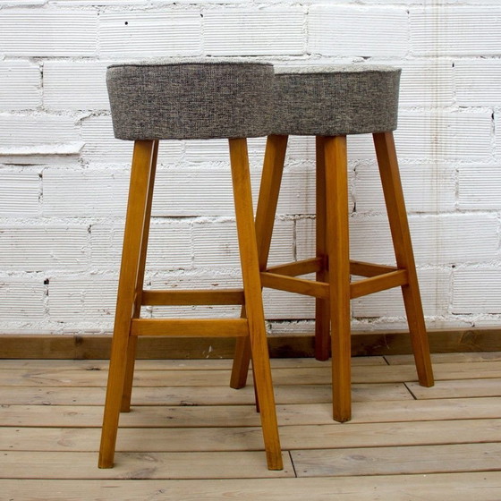 Image 1 of Beech Wood Stool with Upholstered Seat, 1960s
