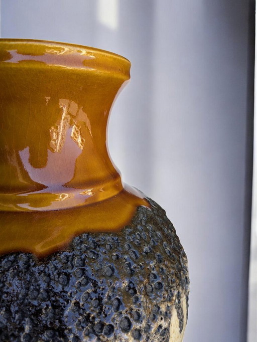 Bay Vintage Fat Lava Vase, Mid-Century West Germany Keramik in Beige-Braun mit Schwarzem Laufglasur-Design, Modellnummer 66-40