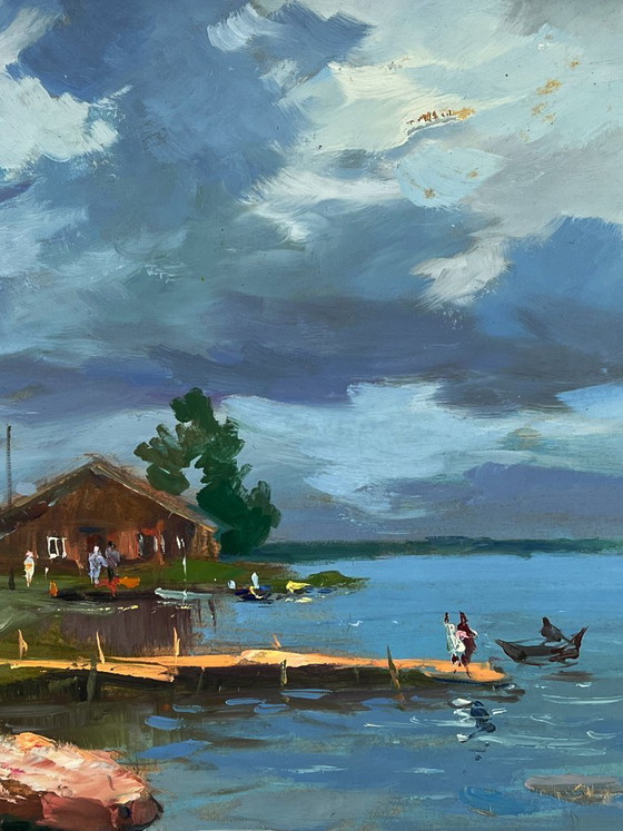 Image 1 of Peinture à l'huile originale : Paysage rural, maisons de village près de la rivière
