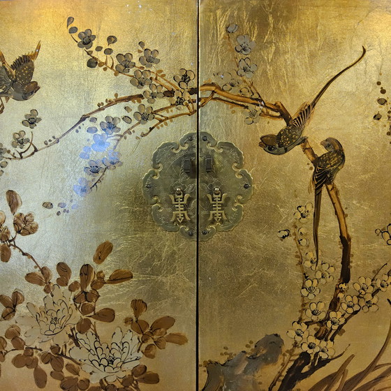Image 1 of Vintage Chinese kast bladgoud en bloemen / oosterse kast / bohemian kast / Aziatische kast 