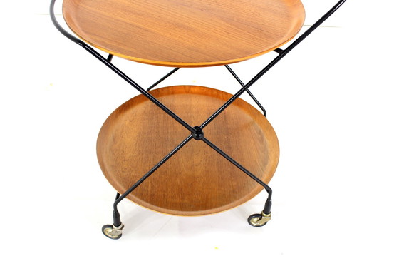 Image 1 of Almost As New, Jie Gantofta Mid-Century String Serving Trolley / Tea Trolley, Sweden, Teak, Steel Leather, Completely Restored!