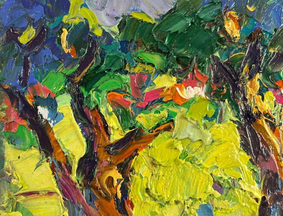 Image 1 of Original Oil Painting Summer Village Landscape Dreams in the shade of trees