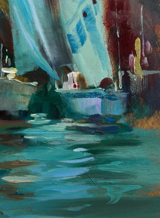 Image 1 of Original Oil Painting Coastal City Landscape A quiet harbor near Venice