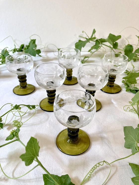Image 1 of 6 small Roemer liqueur glasses, moss green stepped stems