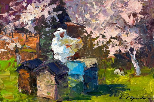 Origineel Olieverfschilderij Landelijk Landschap Dorpsleven Tuin Bij de Bijenstal