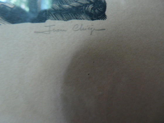 Image 1 of gravure sur bois de Jean Chièze chalutier en port en Bessin