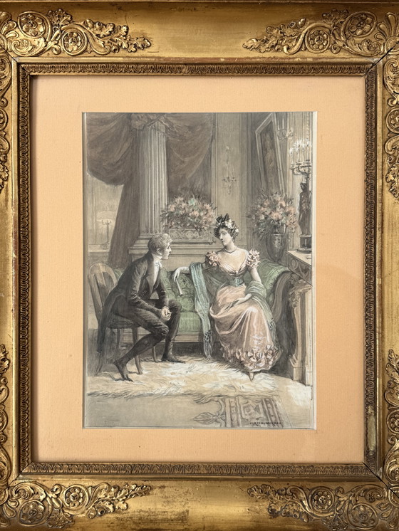 Image 1 of Original Adrien Moreau (1843-1906) Aquarell mit Goldrahmen