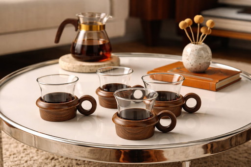 Set di 4 tazze da caffè Schott Mainz in teak e vetro - Stile metà secolo, anni '60