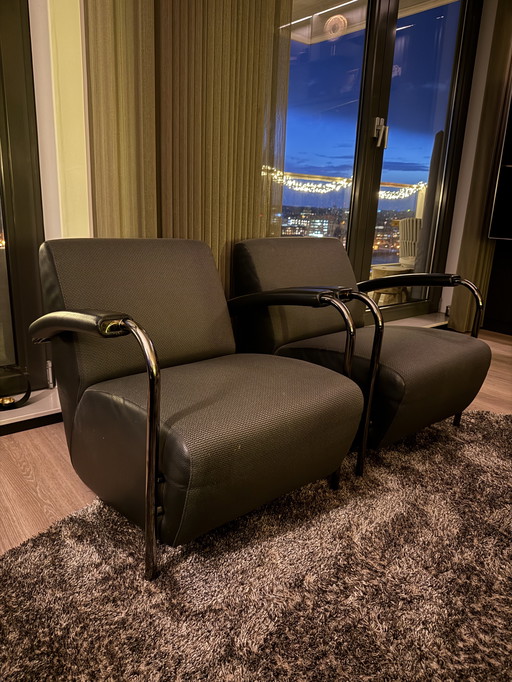 2 Leolux Scylla stoelen + hocker - leer/stof - zwart/grijs