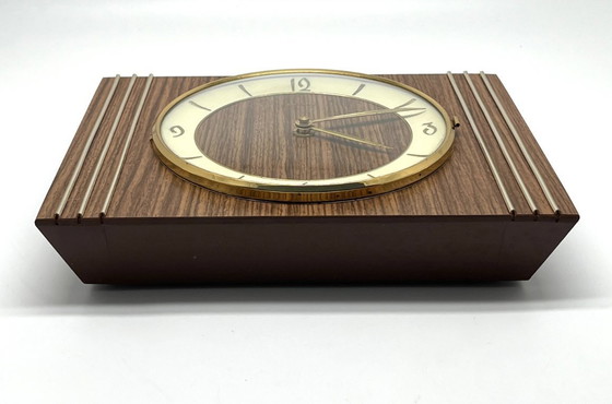 Image 1 of Mid Century Wall / Mantel Clock – Junghans Quartz W756 – Wood & Brass