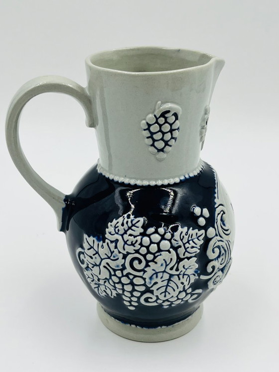 Marzi & Remy Stoneware Wine Pitcher "Le vin dissipe la tristesse", Glass & Decanter, Ceramic, Blue (photo 2 of 8)
