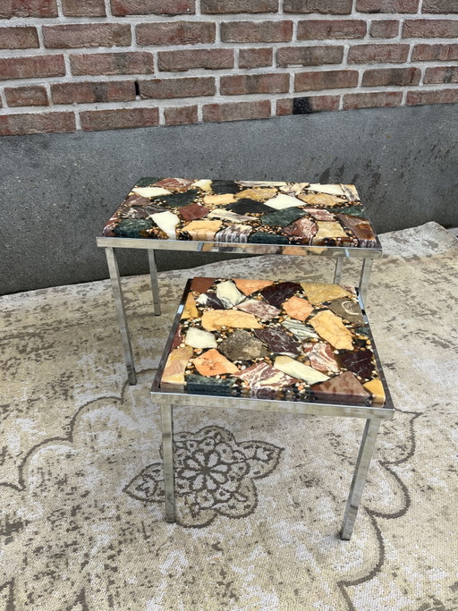 Tavolini laterali vintage cromati con piano in onice e marmo – bijzettafels, Iron, Marble (photo 2 of 11)