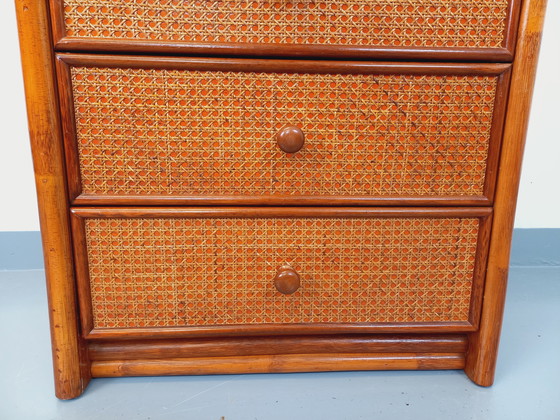 Image 1 of Commode Chiffonnier Semainier Vintage en Rotin, Bois et Cannage des Années 70