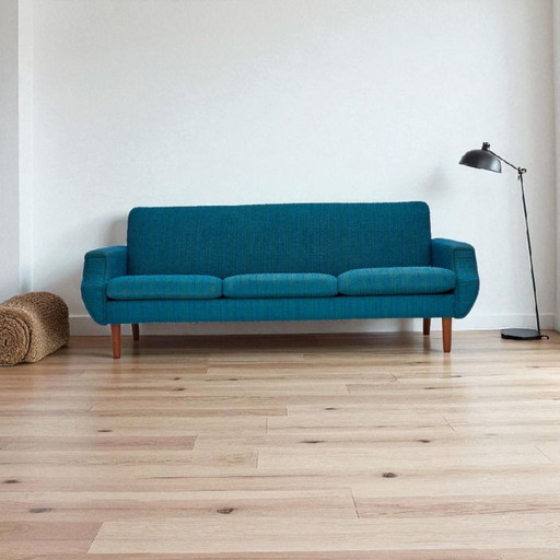 Anni '70, divano danese a 3 posti, lana da arredamento, legno di teak.