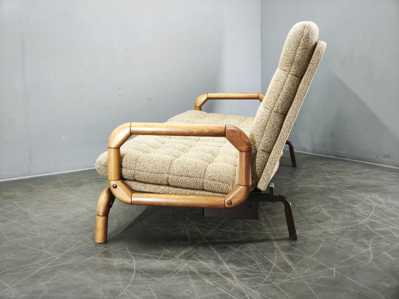 1980er tschechoslowakisches modernistisches umwandelbares Dreisitzer-Schlafsofa, 3-5 Sitzer Sofas, Holz (Foto 6 von 13)