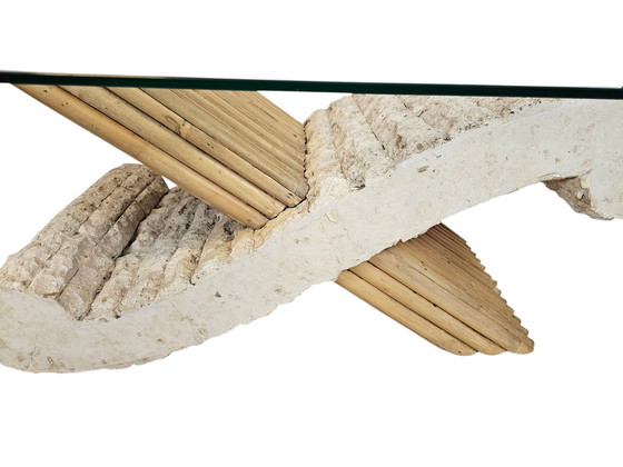 Image 1 of Tavolino da caffè vintage in travertino e bambù con vetro sfaccettato, anni '70