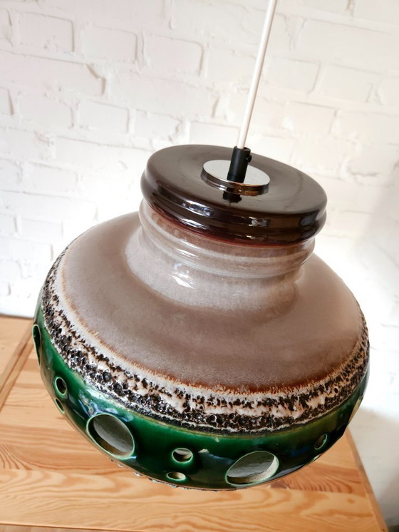 Image 1 of Keramieken aardewerken vintage XXL hanglamp van Herda, west germany fat lava stijl, keramische retro, groene hanglamp