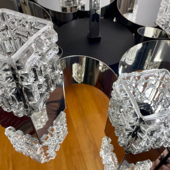 Image 1 of Italian 1970s Chandelier Attributed to Targetti, 16 Lights, Art Glass & Chrome Steel. Modernist Design
