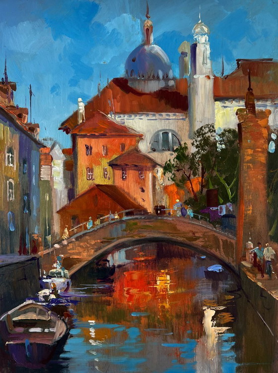 Image 1 of Original Oil Painting River Street Landscape Bridge connecting the city banks