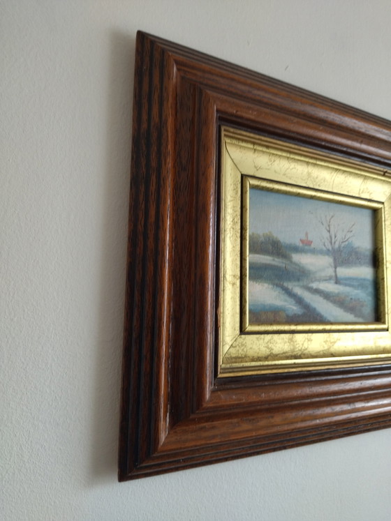 Image 1 of Antieke miniatuurschildering, winterlandschap, olieverf op hout, F. Roch