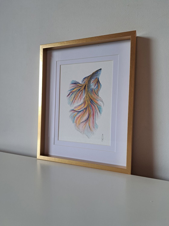 Pittura acquerello pesce Betta Halfmoon Oro| Con cornice I, Dipinti e disegni, Carta, Multicolore (foto 4 di 5)