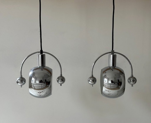Pair of vintage pendant lights, chrome-plated metal, France 1960