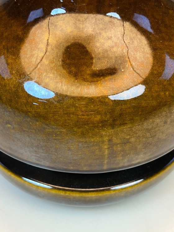 Image 1 of Vintage Earthenware Table Lamp, Green/Brown Ceramic with Wool Shade, Germany 1970s