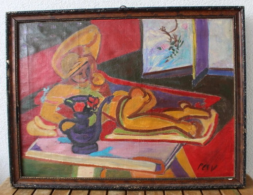 MIKLÓS NÉMETH (Attr.) – Abstraktes Interieur mit liegendem Akt – Öl auf Leinwand, Budapester Etikett