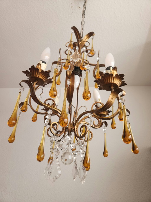 Lámpara de araña de cristal de Murano con diseño de gotas y cristales, estilo veneciano, dorada con pan de (photo 2 of 13)