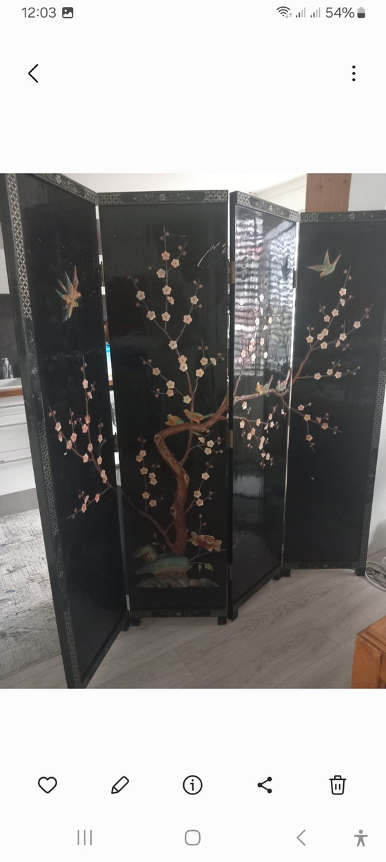 Paravent vintage laqué à motifs d'oiseaux et de fleurs, nacre – Meubles de séparation, Wood, Bloemen (photo 2 of 5)