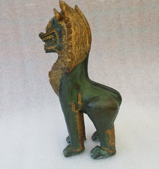 Image 1 of Perro Foo, Latón Dorado Grande 29 Cm, León Khmer / Singha - Altamente Detallado Y Ornamentado