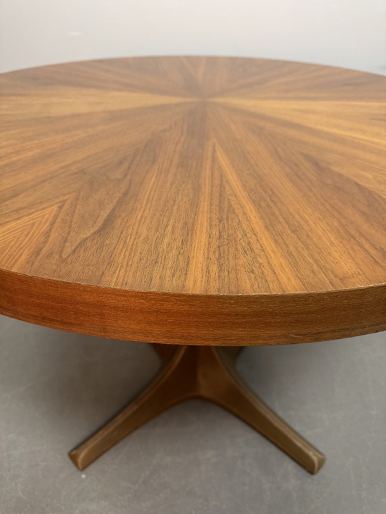 Image 1 of Mid-Century Design Round Adjustable Wooden Veneer Coffee / Dining Table by Ilse Möbel with Solid Centered Pedestal, Germany 1960