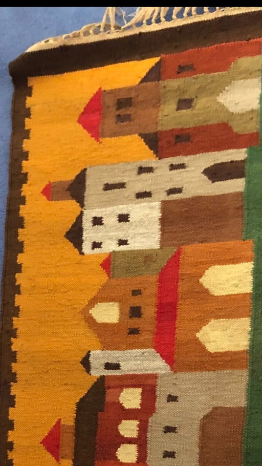 Polish kelim with colorful depiction of houses