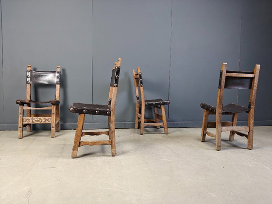 Image 1 of Vintage brutalist leather spanish dining chairs, 1960s