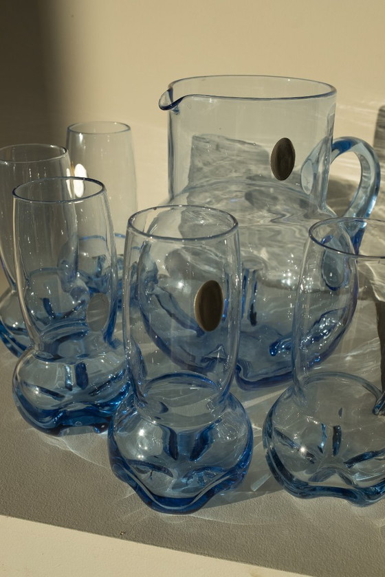 Image 1 of Vintage blue crystal glass set + carafe