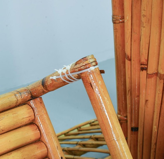 Image 1 of Fabulous Mid-Century Design Six Strand Rectangular Rattan 3-Seat Sofa with Frost Blue Fabric Cushions Attributed to Paul Frankl