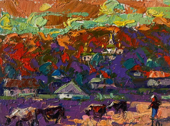 Image 1 of Original Oil Painting Sunset Houses Landscape Evening bell floats over the village