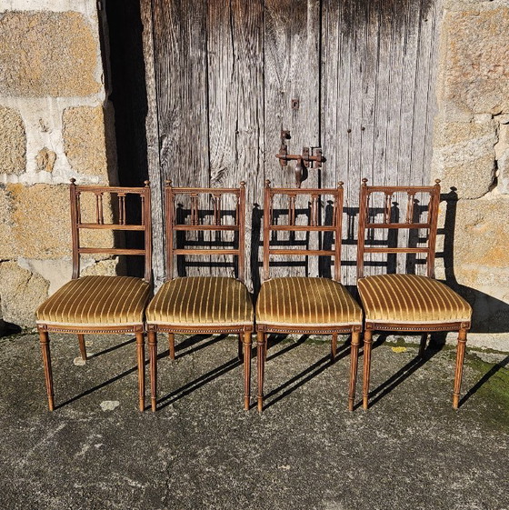 Image 1 of Set of 4 Antique handcarved Walnut Chairs - Upholstered wooden Side Chairs-Claude Sené Style Louis XVI-late 1900th