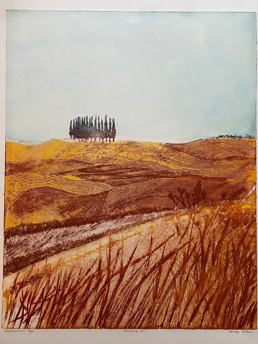 Margo Ellen-Toskana. Zypressen. Farbradierung