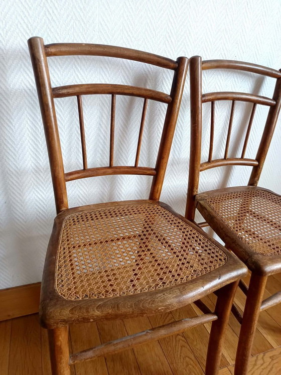 2x caned bistro chairs circa 1940, Dining chairs, Wood, Rattan, Brown, Vintage (photo 5 of 13)