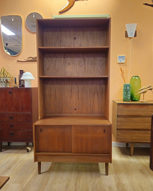 Vintage Danish Teak Highboard Bookcase Sliding Door Cabinet